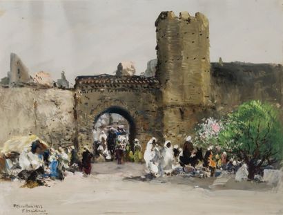 Fernand MAILLAUD (1862- 1948) Porte El Bali à Fez Gouache, signée, située et daté...