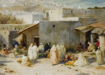 Antonio FABRES Y COSTA (1854-1936) Marché aux légumes à Tanger Aquarelle, signée...