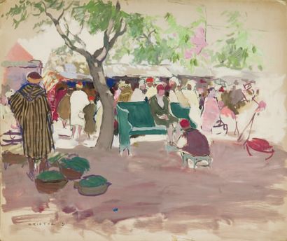 Horace CRISTOL (1878-1959) Petit marché sur la Place Bab Sidi Abdelsalem, Tunis Gouache...