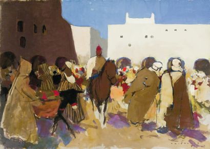 Horace CRISTOL (1878-1959) Cavaliers dans la Medina Huile sur carton, , signée en...