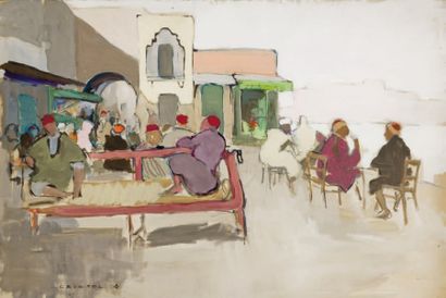 Horace CRISTOL (1878-1959) Le café du port, Tunisie Gouache sur carton, signée en...