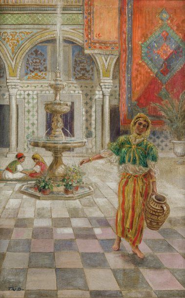 Salomon TAÏB (1877-1954) Tunisienne au patio Huile sur toile, signée en bas à gauche....