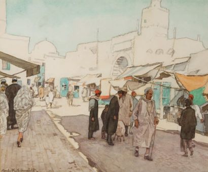 Anton Konrad SCHMIDT (1887-1974) Rue animée près de Bab Souika, Tunis Aquarelle,...