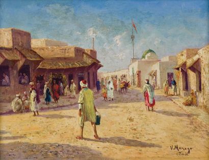 Vincent MANAGO (1880-1936) Rue animée à Tunis Huile sur toile, signée et située «Tunis»...