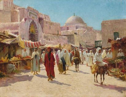 Alexis DELAHOGUE (1867-1953) Marché, rue Saussier à Kairouan Huile sur toile, signée...