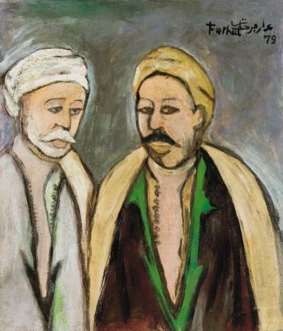 Ammar FARHAT (1911-1986) Deux tunisiens Huile sur carton, signée en haut à gauche...