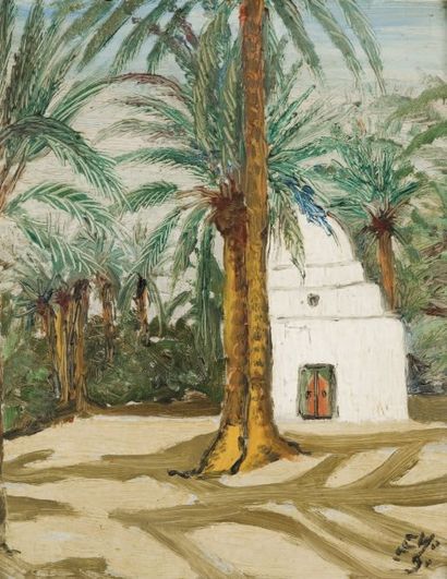 Yahia TURKI (1902-1969) Marabout dans l'Oasis à Tozeur Huile sur carton, signée en...