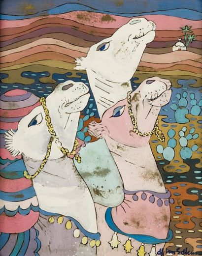 Ali BEN SALEM (1910-2001) Les chameaux Huile sur verre. 26 x 21 cm