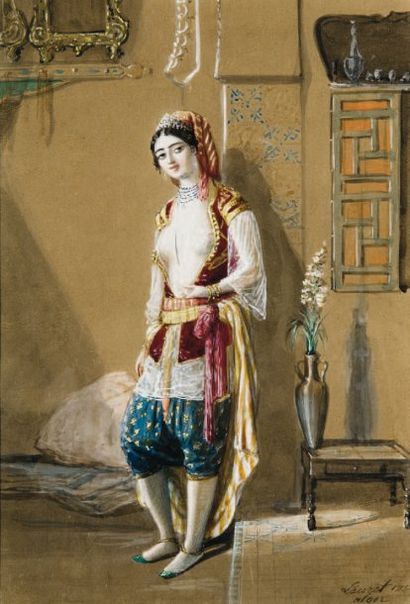 Emmanuel Joseph LAURET dit LAURET AINE (1809-1882) Jeune femme à Alger dans un intérieur,...