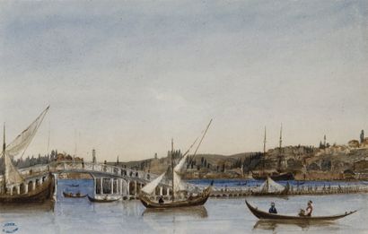 René GILLOTIN (1814-1861) Pont flottant sur la corne d'or à Constantinople Aquarelle....