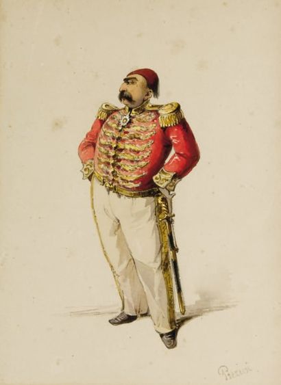 Amadéo PREZIOSI (1816-1882) Chef de la fanfare du sultan Aquarelle, signée en bas...