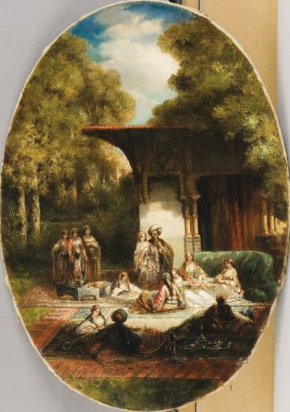 Hyppolite BALLUE (1820-1867) Après -midi au Harem Huile sur toile de forme ovale,...