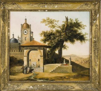 Ecole Orientaliste du XIXème siècle L'heure de la prière Tableau horloge titré à...