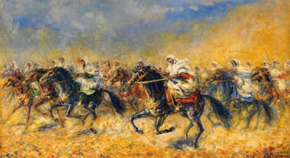 Georges MAURY (1872-19..) La fantasia au Maroc Huile sur toile, signée en bas à droite....