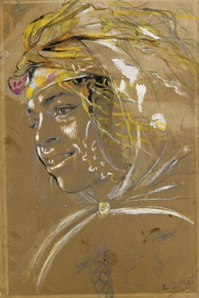 Etienne DINET (1861-1929) Portrait de fillette Crayon, aquarelle et gouache, signée...