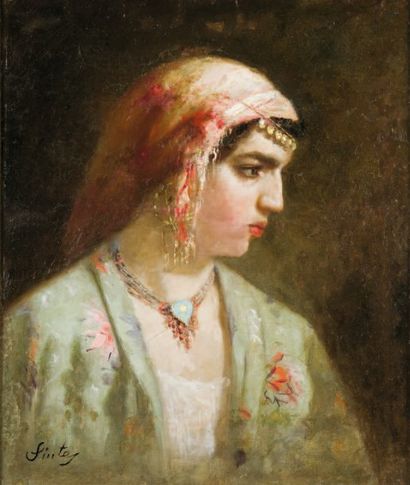 Joseph SINTES (1829-1913) Femme orientale de profil Huile sur toile, signée en bas...
