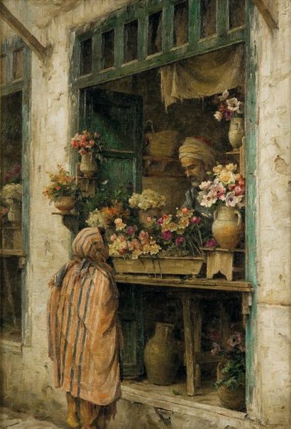 Cécile BOUGOURD (1857-1941) L'échoppe du fleuriste Huile sur toile, signée en bas...