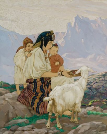 Yvonne KLEISS-HERZIG (1895-1968) La bergère donnant à manger à un chèvre Gouache,...