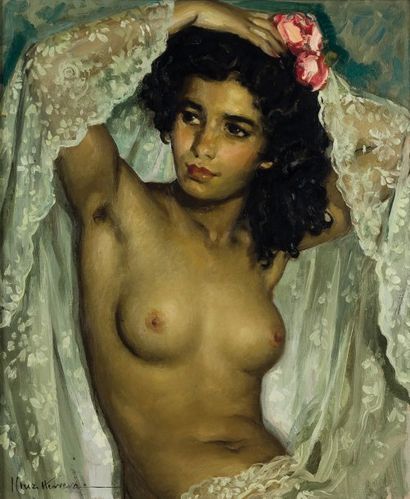 José CRUZ-HERRERA (1890-1972) Jeune fille à la rose Huile sur toile, signée en bas...