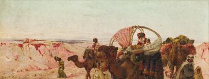 Eugène DESHAYES (1828-1890) Famille dans une caravane Huile sur panneau d'acajou,...
