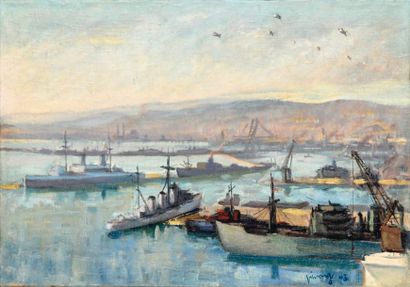Jean VINAY ( 1 9 0 7 - 1 9 7 8 ) Le Port d'Alger Huile sur toile, signée et datée...
