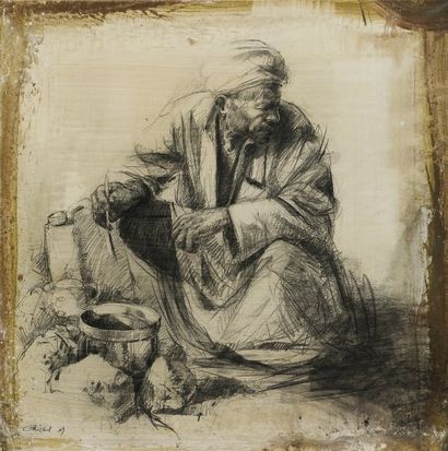 Emmanuel MICHEL (Né en 1970) Homme assis Crayon sur papier, marouflé sur toile, signée...