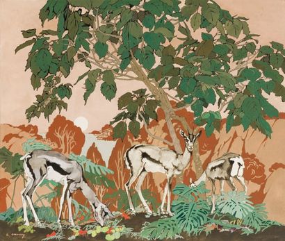 Léon CAUVY (1874-1933) Gazelles d'Afrique Gouache, signée en bas à gauche. 46,5 x...