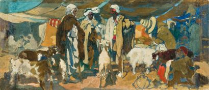 Léon CAUVY (1874-1933) Bergers arabes. Huile sur carton, signée en bas à gauche....