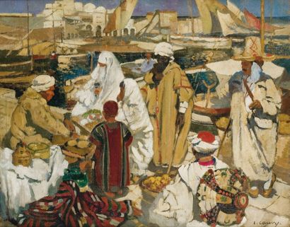 Léon CAUVY (1874-1933) Marchands sur le port d'Alger Huile sur toile, signée en bas...