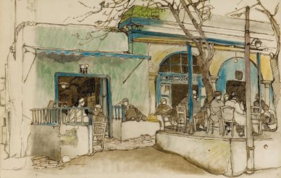 Léon CAUVY (1874-1933) Café en Tunisie Plume et crayon de couleur, signée en bas...