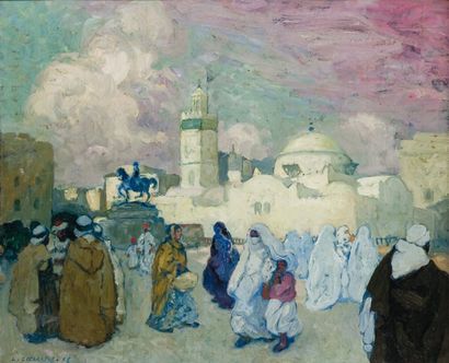 Léon CAUVY (1874-1933) Place du Gouvernement à Alger Huile sur carton, signée en...