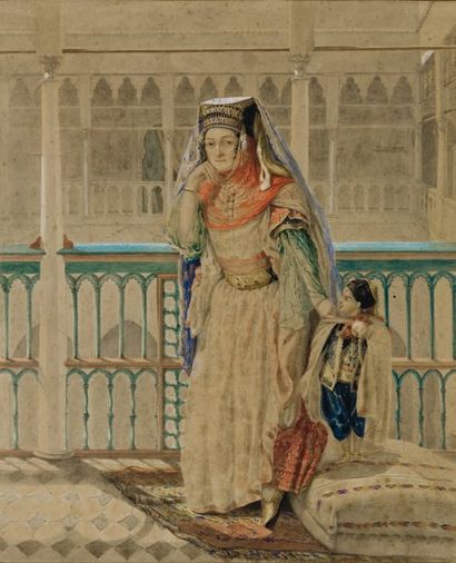 D.FOURNIER (XIXème siècle) Orientale et jeune garçon en costume ottoman Aquarelle,...