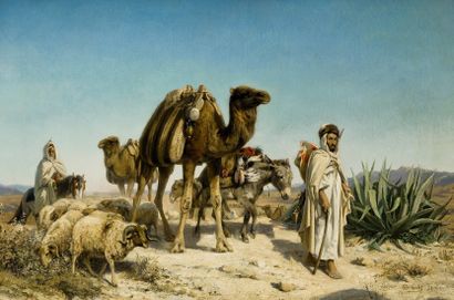Eugène GIRARDET (1853-1907) Caravane dans le désert Huile sur toile, signée et datée...