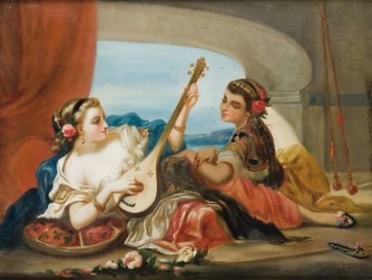 Louis DEVEDEUX (1820-1874) Le concert des odalisques Huile sur toile, signée en bas...