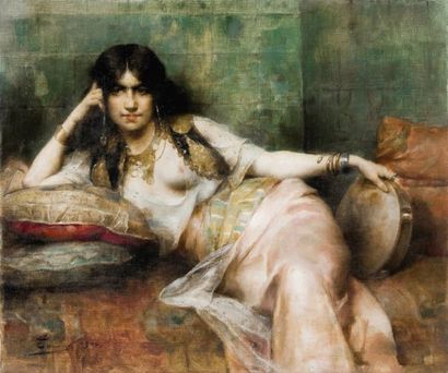 Adrien Henri TANOUX (1865-1923) L'odalisque alanguie Huile sur toile, signée en bas...