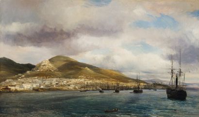 Th éodore GUDIN (1802-1880) Bateaux dans la rade de Syros (Cyclades, Grèce) Huile...