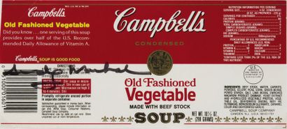 Andy WARHOL (1928-1987) Etiquette d'une boîte de Campbell's soup signée. Cadre. ...