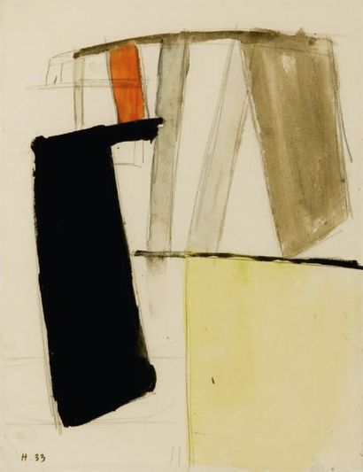 Jean HELION (1904 -1987) Abstraction Crayon et aquarelle sur papier monogrammé et...