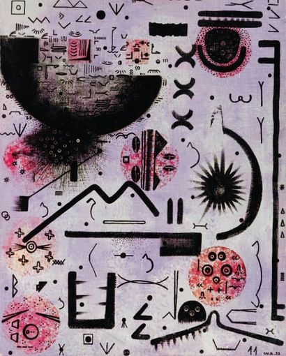 Claude VISEUX (né en 1927) Fabrication cosmique, 1952 Huile sur toile signée «CV.A.»...
