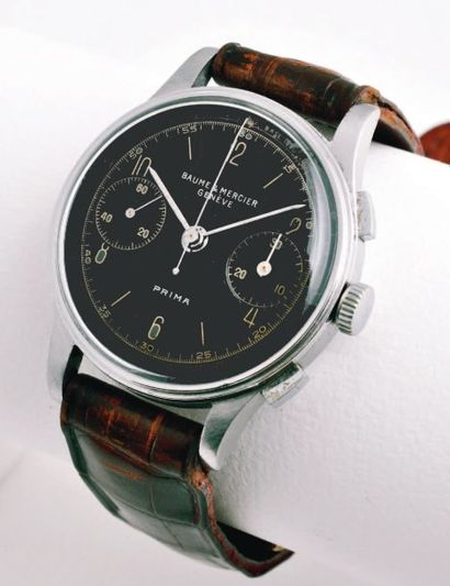 BAUME & MERCIER Chronographe, Prima - vers 1945 Rare chronographe en acier massif...