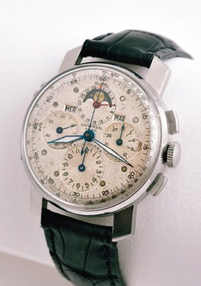 UNIVERSAL GENEVE Chronographe Tri, Compax Lunaire, vers 1947 Exceptionnel chronographe...