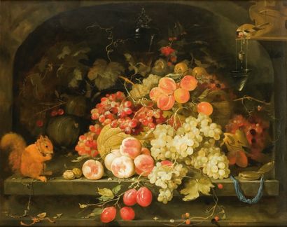 A.DAKRYMOV (XXème siècle) Nature Morte de fruits et de fleurs à l'écureuil Huile,...