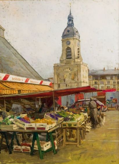 M.PETIT (XXème siècle) Place du marché à Amiens Huile sur toile, signée en bas à...