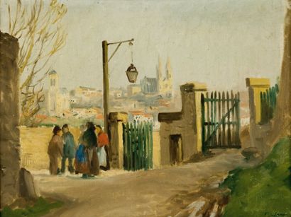 F.HOMET (XIXème siècle) La réunion des villageois, Amiens Huile sur toile, signée...