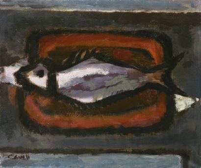 CAVELL Nature morte au poisson Huile sur toile située et datée au dos, Paris 1957....