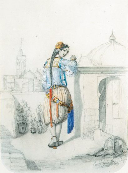 Emmanuel Joseph LAURET dit LAURET AÎNE (1809-1882) Algéroise sur la terrasse Aquarelle,...