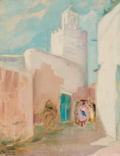 Julius ROLSHVEN (1858-1930) Rue et minaret à Kairouan Huile sur toile, signée en...