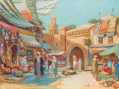 Martin LINDENAU (XXème siècle) Les souks de Marrakech Huile sur toile signée en bas...