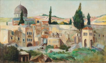 Salomon BERNSTEIN (XIX-XXème siècle) Vue de Jérusalem avec le Dôme du Rocher Huile...