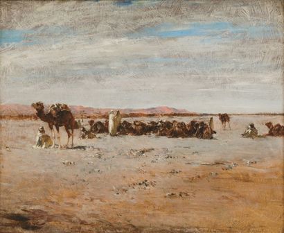 Maxime NOIRÉ (1861-1927) La halte des chameaux devant Tiliech Huile sur panneau,...